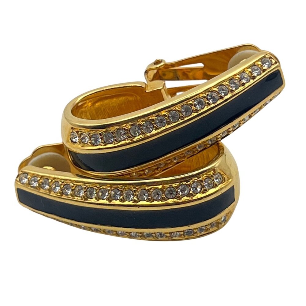 Radiance Gold-Tone Black Enamel Crystal Clip Earrings Bold Designer Style Runway - Picture 4 of 12